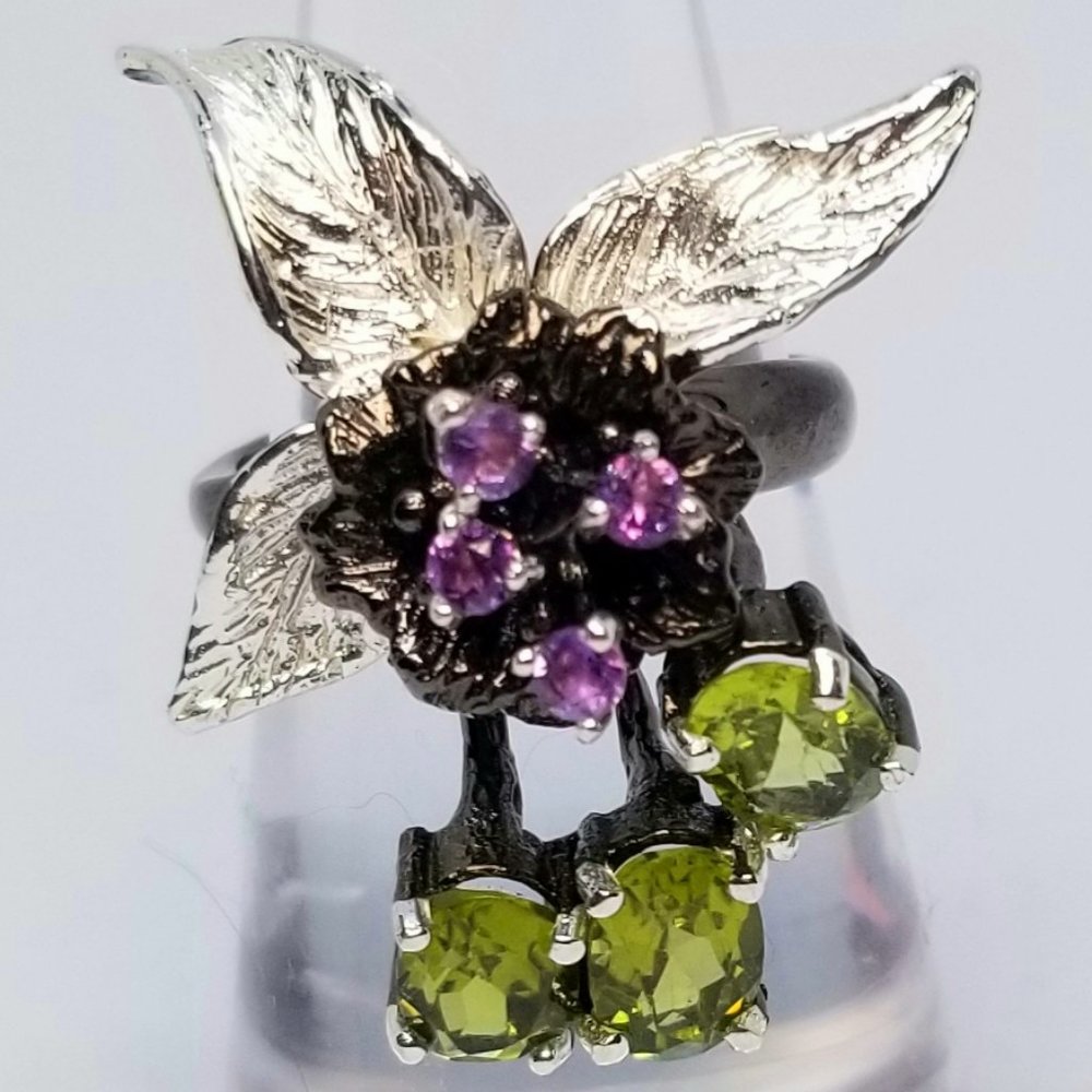 Orchid natural peridot,  amethyst and sterling ring